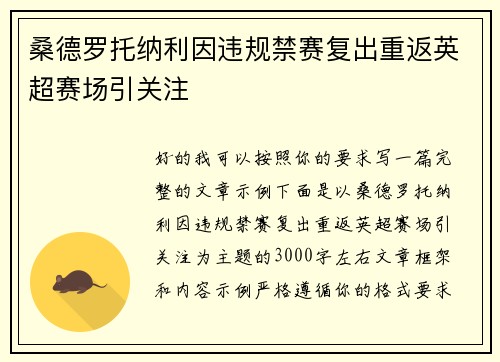 桑德罗托纳利因违规禁赛复出重返英超赛场引关注